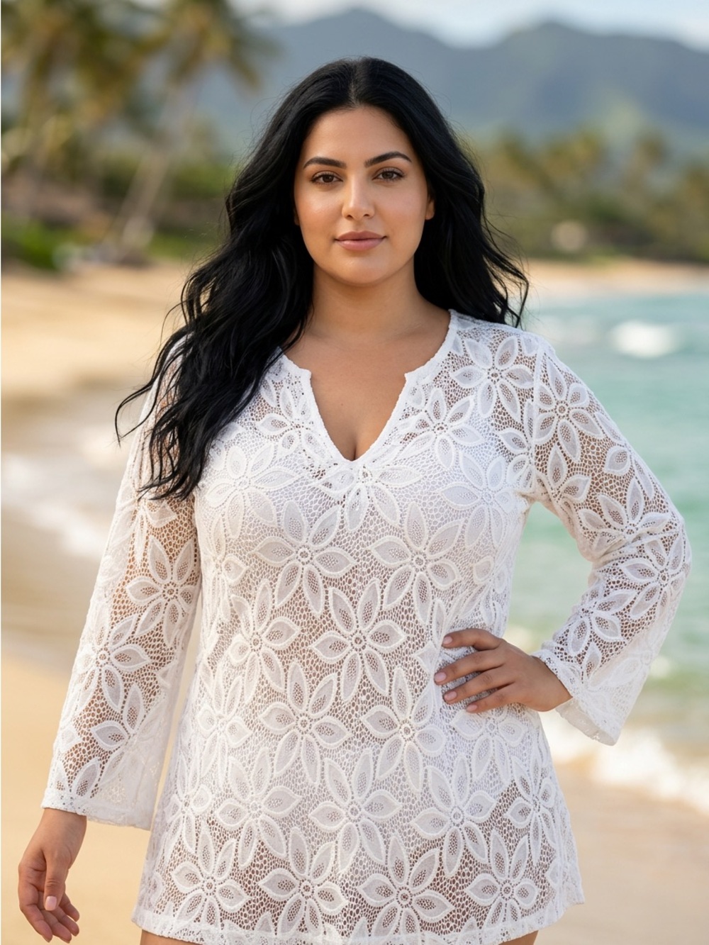 White Pretty Stretch Floral Lace Swim Beach Cover-Up Tunic by J. Valdi- XL